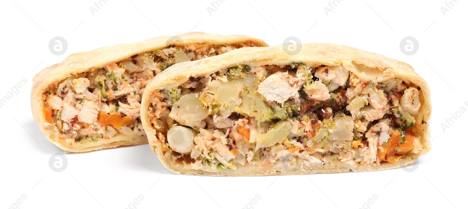 Photo of Pieces of tasty strudel with chicken and vegetables isolated on white