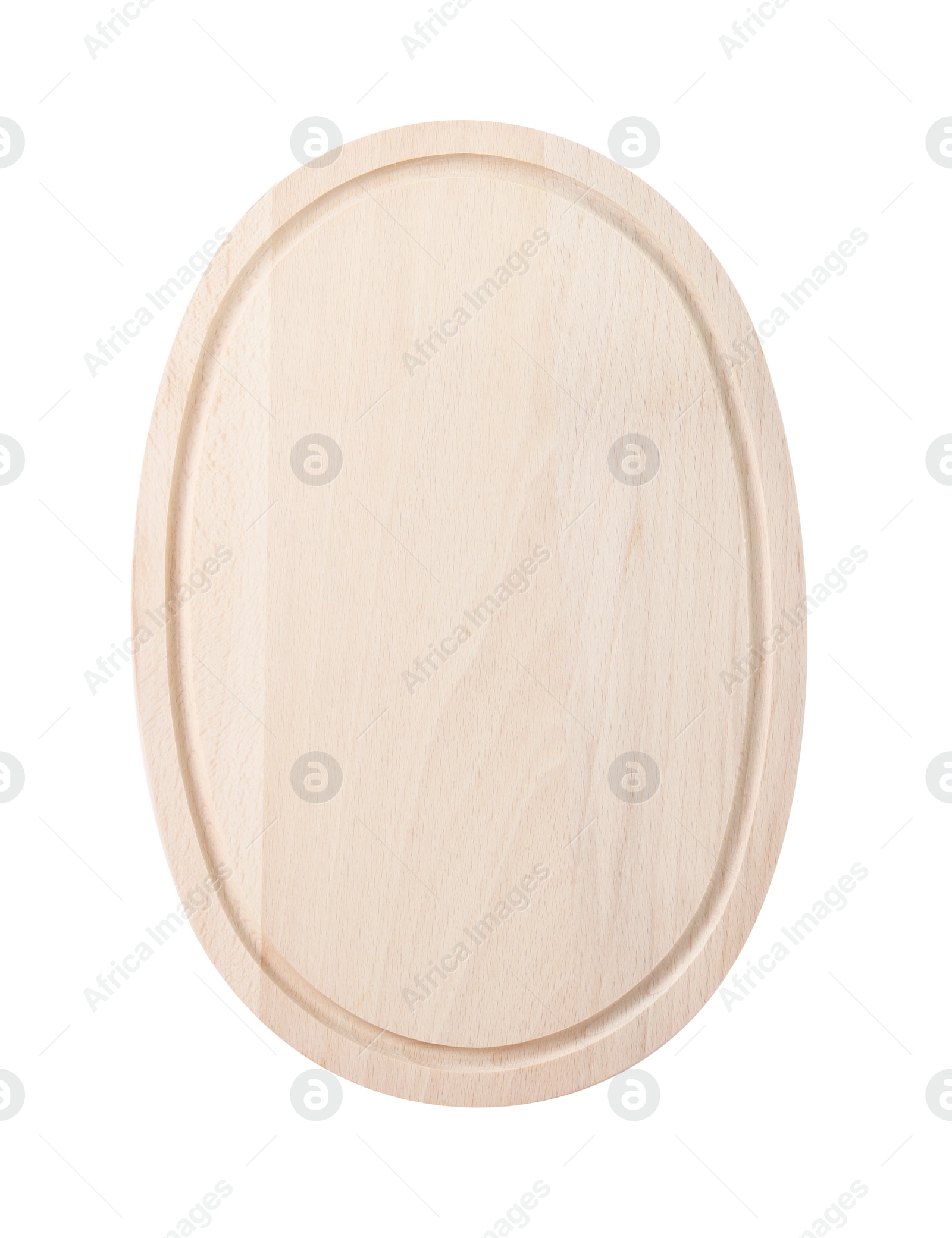 Photo of One wooden cutting board isolated on white, top view