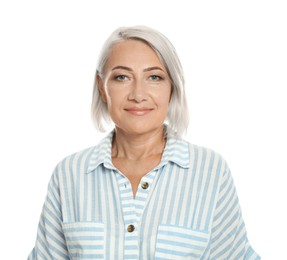 Image of Portrait of beautiful woman with ash hair color on white background
