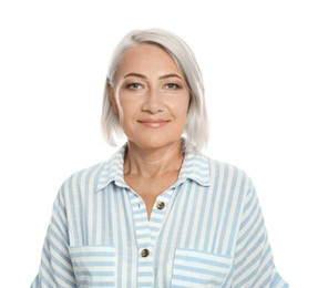 Portrait of beautiful woman with ash hair color on white background