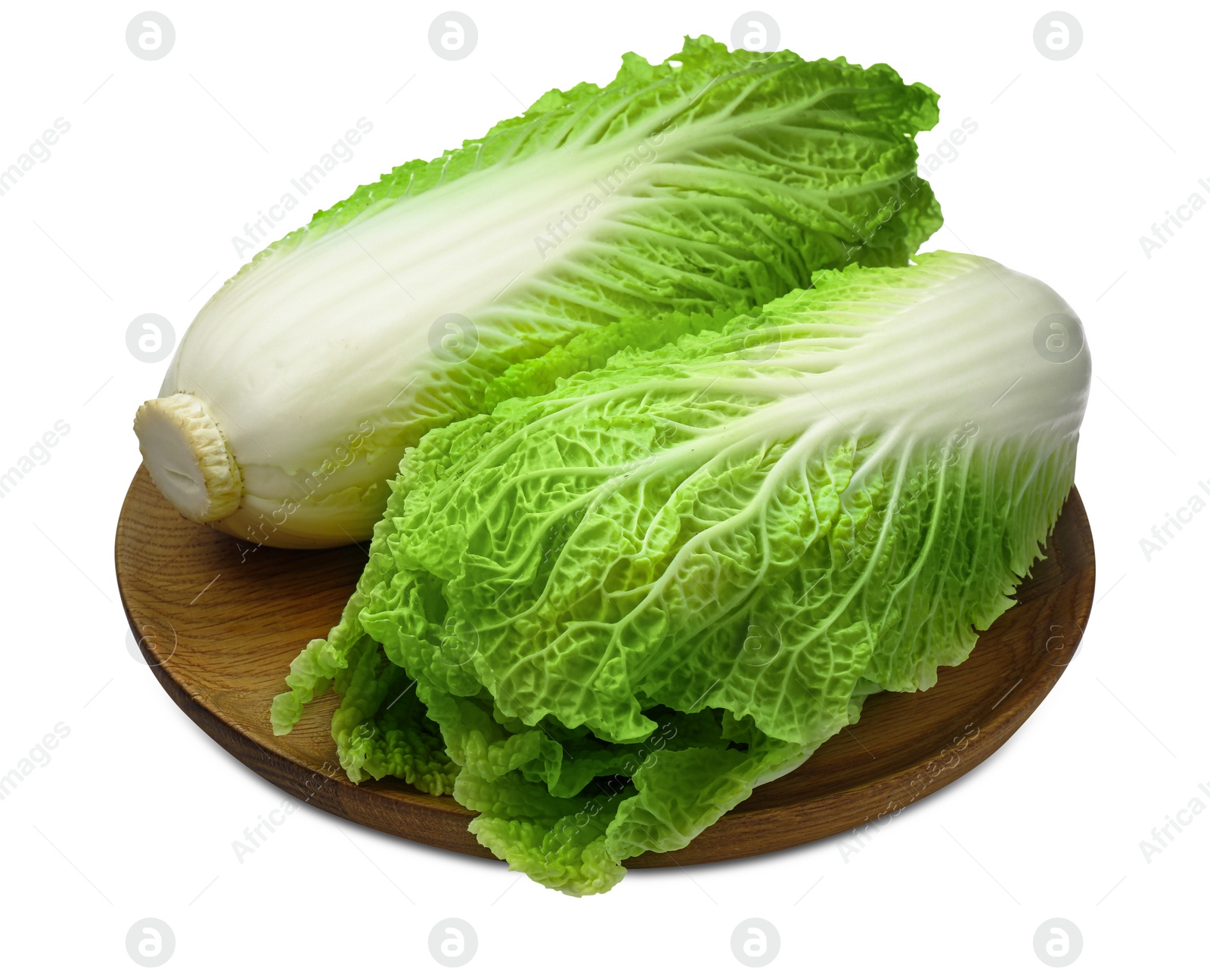 Photo of Fresh tasty Chinese cabbages and wooden board on white background