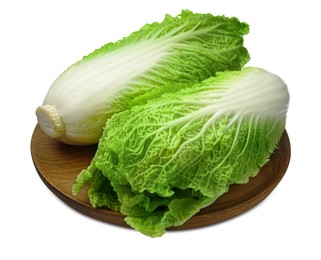 Photo of Fresh tasty Chinese cabbages and wooden board on white background