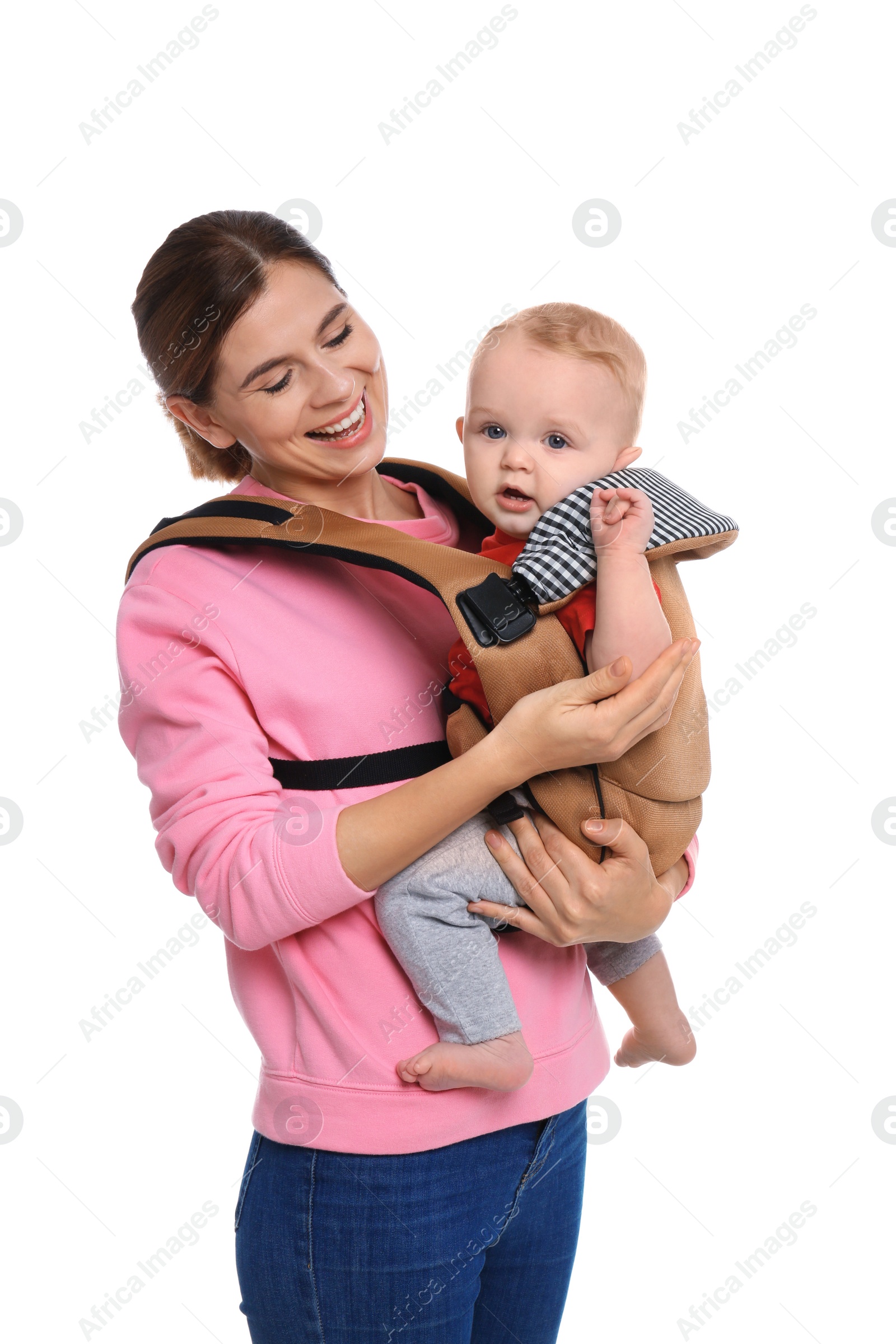 Photo of Woman with her son in baby carrier on white background