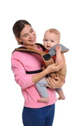 Photo of Woman with her son in baby carrier on white background