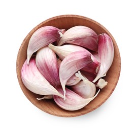Photo of Unpeeled garlic cloves in wooden bowl isolated on white, top view
