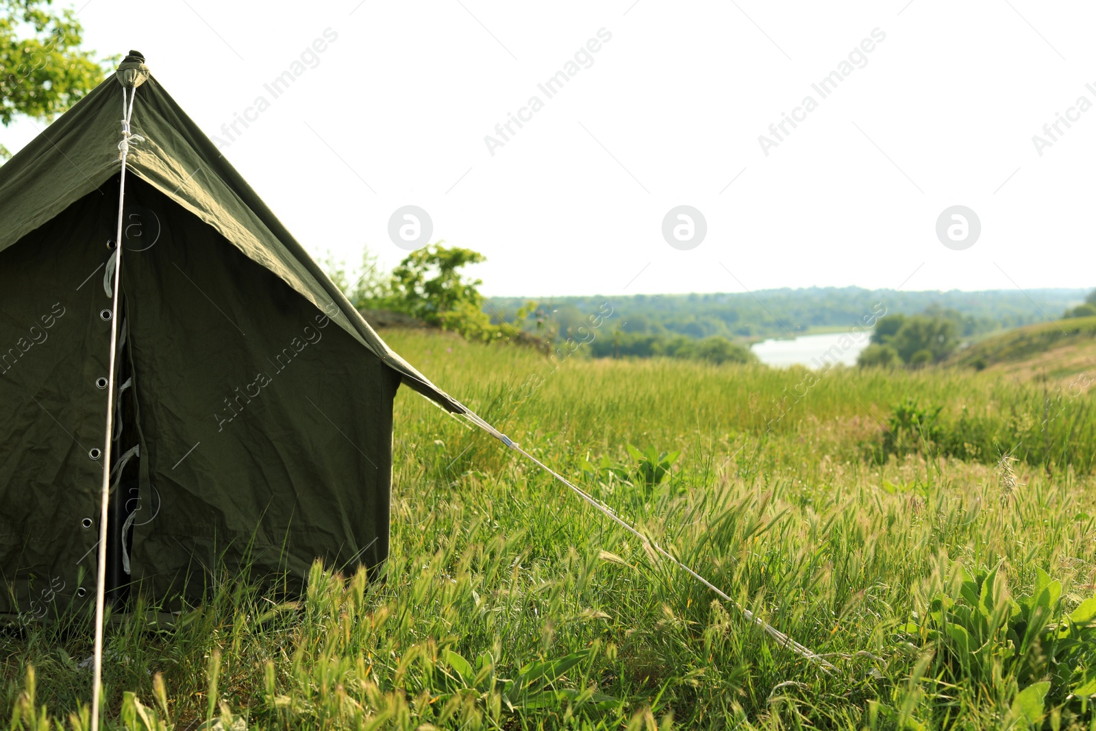 Photo of Camping tent in green field on sunny day. Space for text