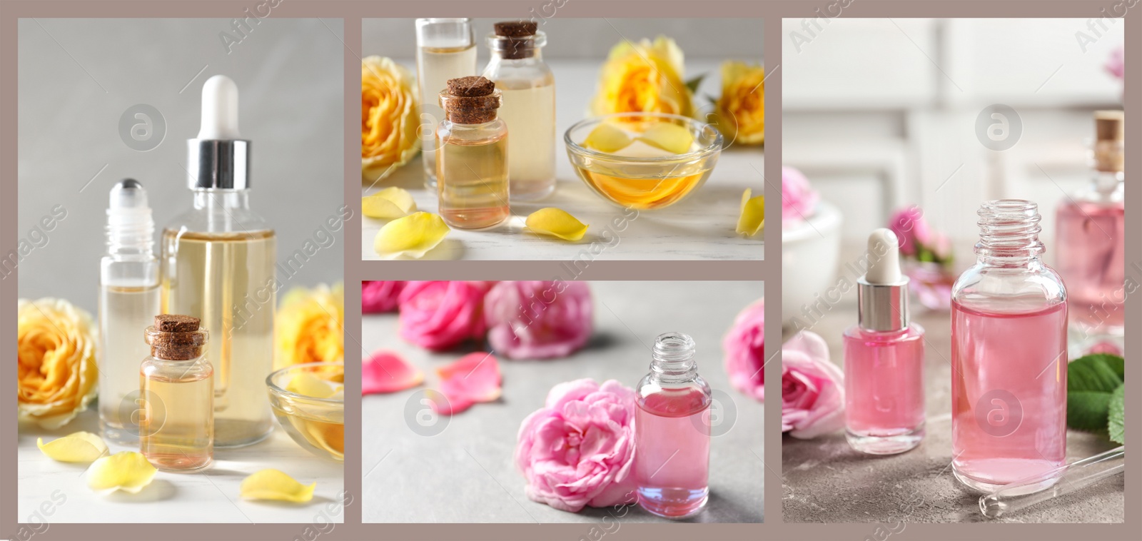 Image of Collage of different photos with essential oils and flowers. Banner design