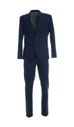 Photo of Stylish suit on mannequin against white background. Men's clothes