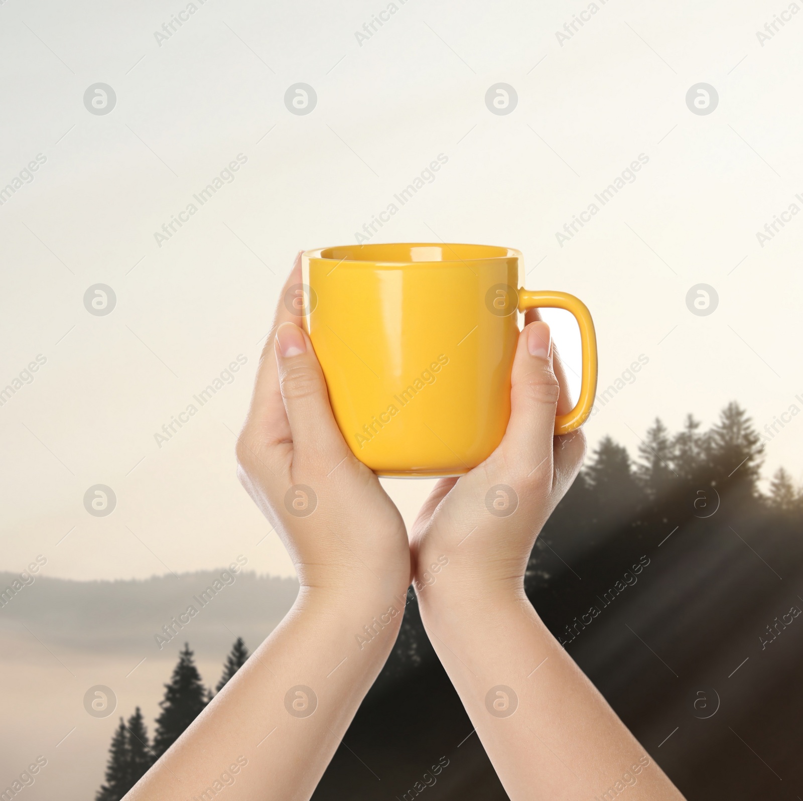 Image of Closeness to nature. Woman holding cup in mountains, closeup