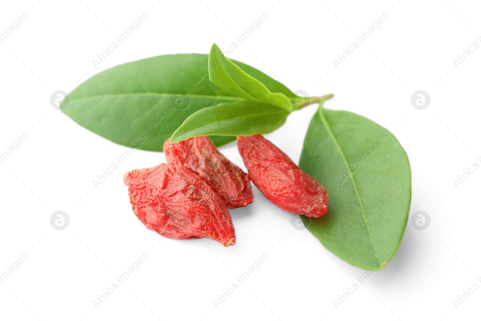 Photo of Tasty dried goji berries with leaves on white background