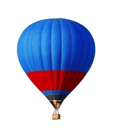 Image of Bright hot-air balloon with wicker basket on white background