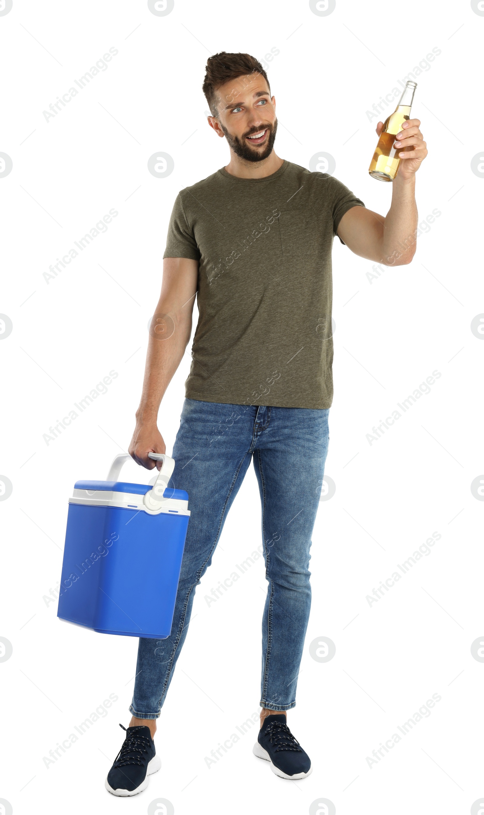 Photo of Happy man with cool box and bottle of beer on white background