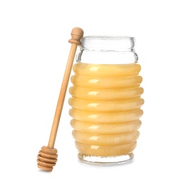 Photo of Jar with delicious honey and dipper on white background