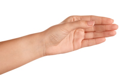 Woman holding something on white background, closeup of hand