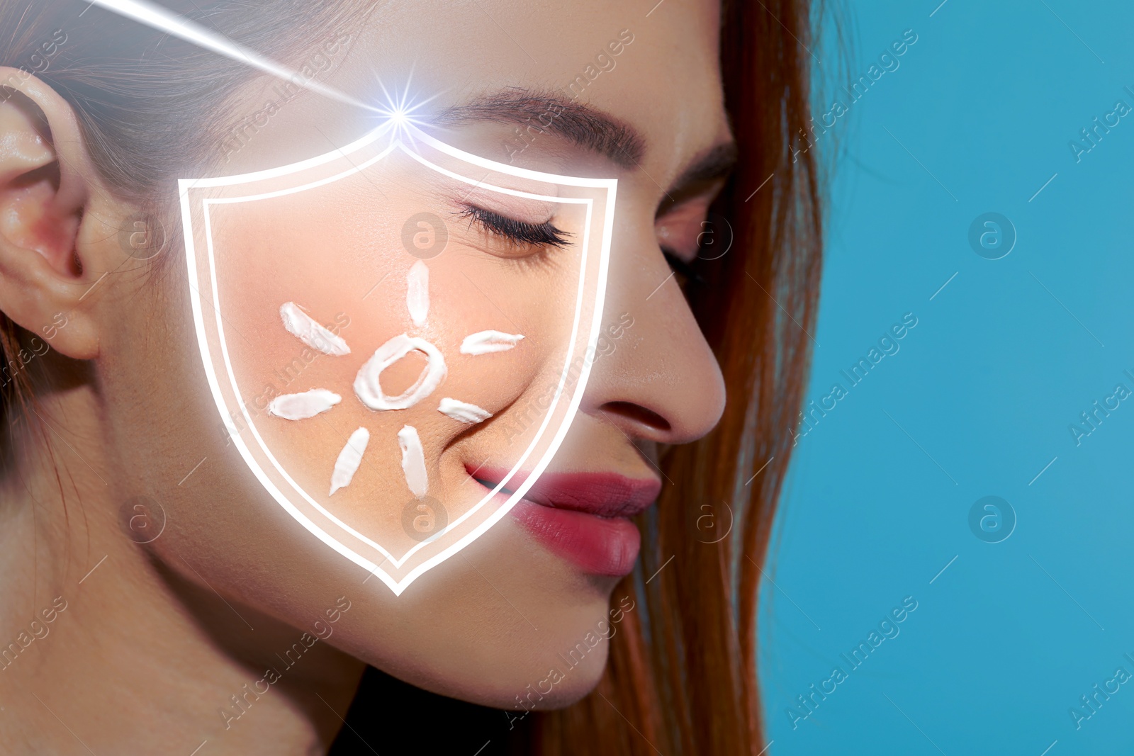 Image of Sun protection care. Beautiful woman with sunscreen on face against light blue background, space for text. Illustration of shield as SPF