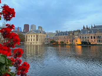 Photo of Beautiful view of red flowers and buildings on riverside in city