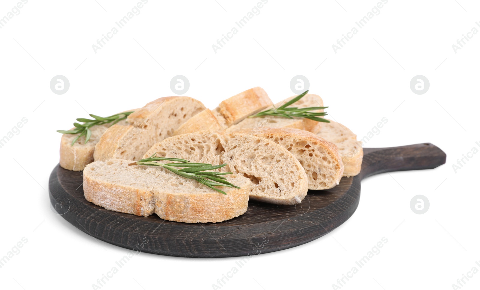 Photo of Cut delicious ciabatta with rosemary isolated on white