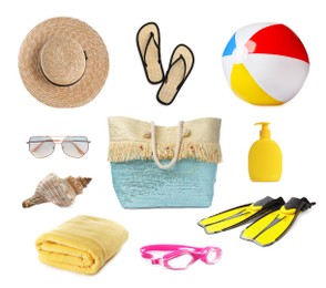 Image of Set with stylish beach bag and other accessories on white background
