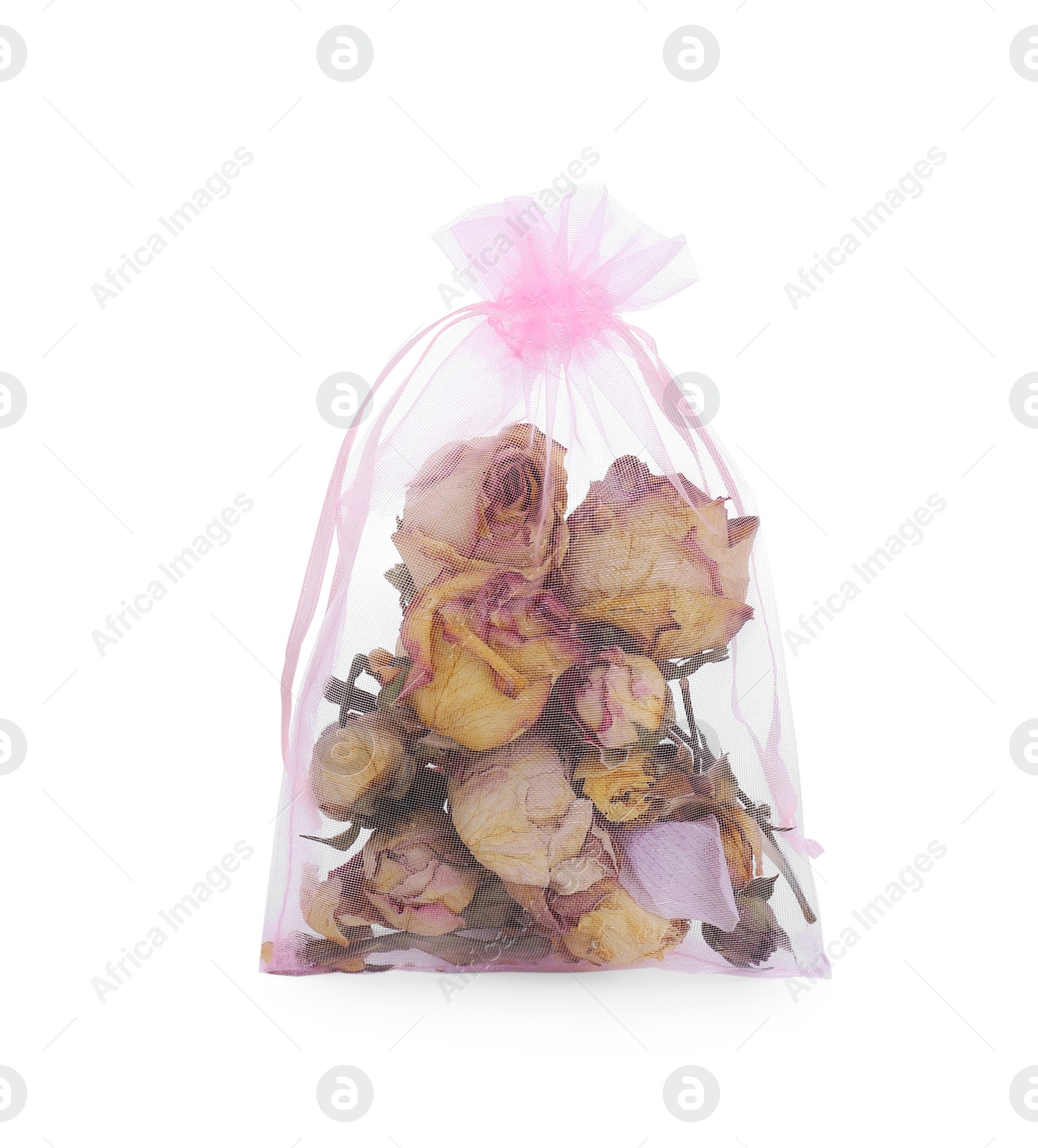 Photo of Scented sachet with dried rose flowers isolated on white