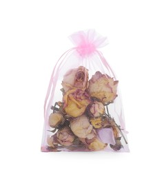 Scented sachet with dried rose flowers isolated on white