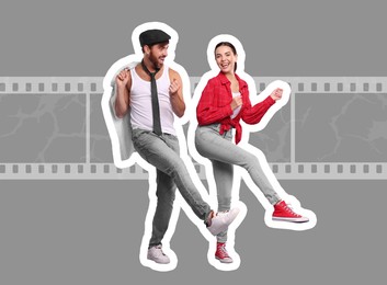 Happy couple dancing on bright background. Creative collage with stylish man and woman. Concept of music, party, fashion, lifestyle