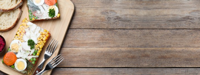 Image of Delicious fish aspic served on wooden table, flat lay with space for text. Banner design