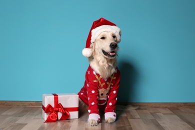 Cute dog in Christmas sweater and hat with gift on floor near color wall