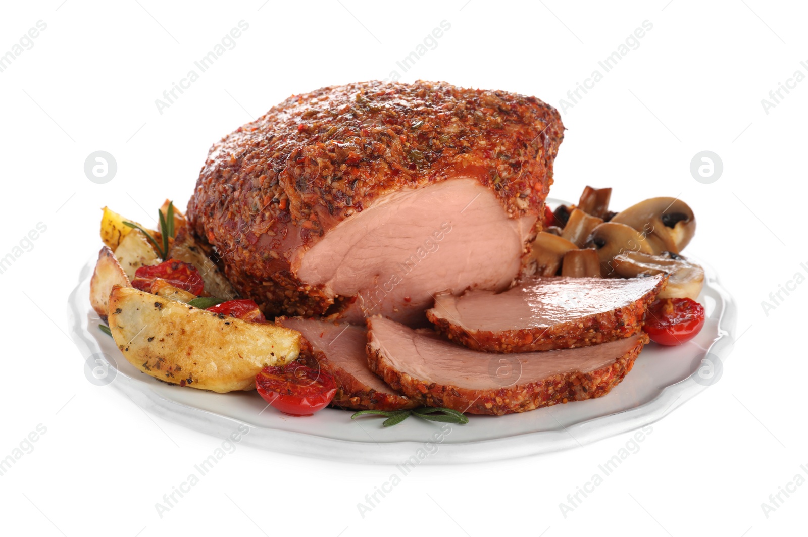 Photo of Plate with homemade delicious ham on white background. Festive dinner