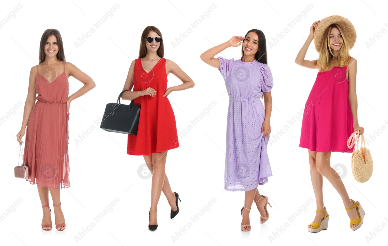 Image of Collage with photos of women wearing different dresses on white background