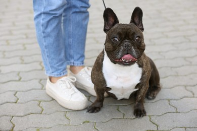 Woman walking with cute French Bulldog outdoors, closeup