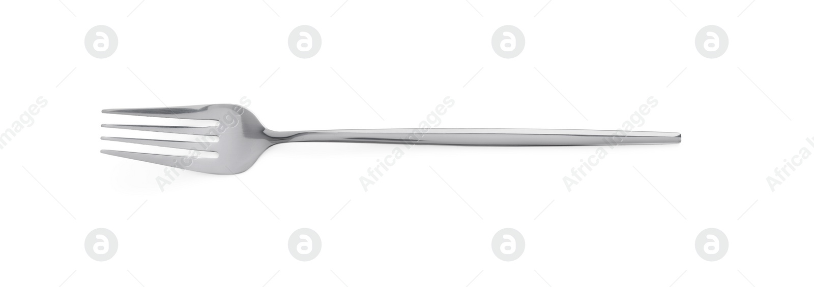 Photo of One shiny metal fork isolated on white, top view