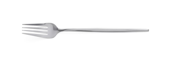 Photo of One shiny metal fork isolated on white, top view