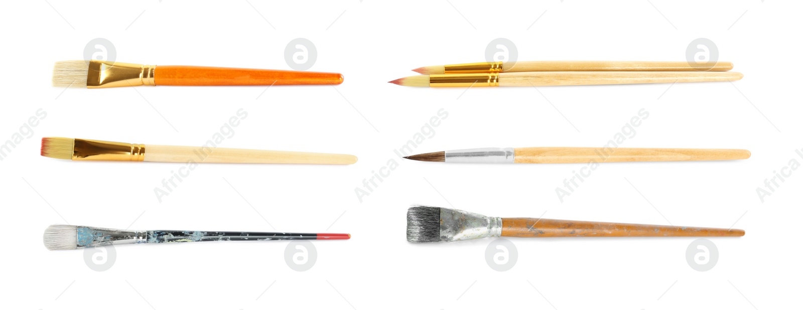 Image of Set of different paintbrushes on white background. Banner design