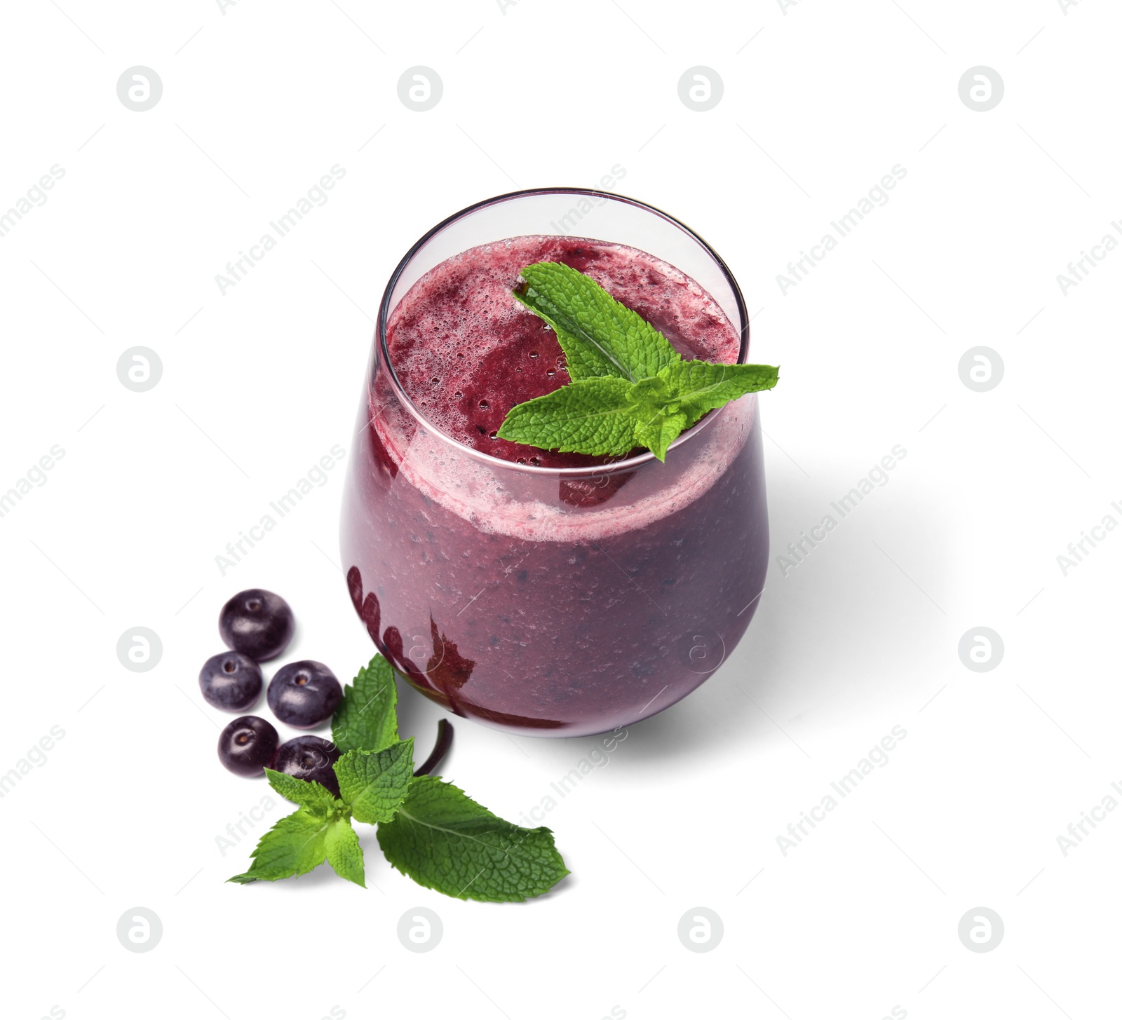 Photo of Glass with delicious acai smoothie on white background