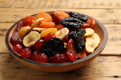 Photo of Mix of delicious dried fruits on wooden table, closeup