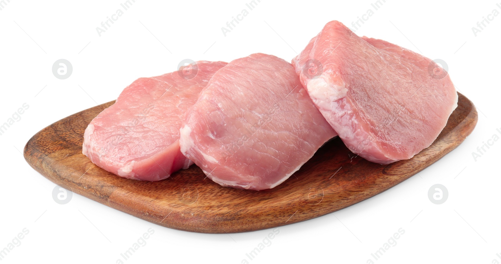 Photo of Wooden board with pieces of raw pork meat isolated on white