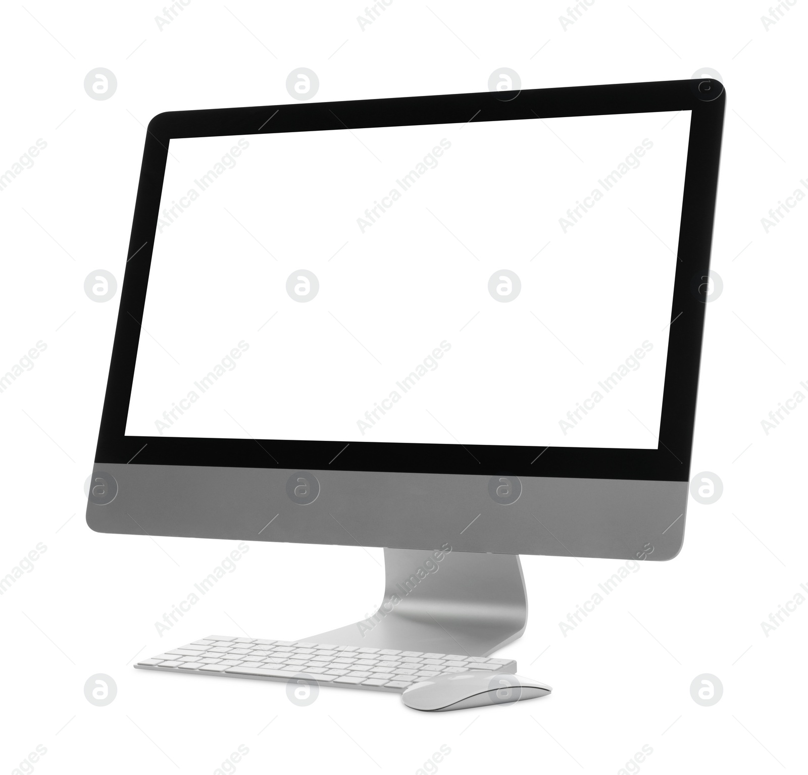 Photo of New computer with blank monitor screen, keyboard and mouse on white background