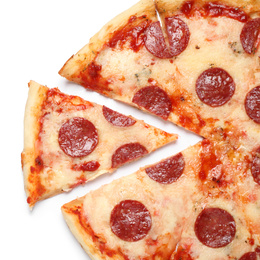 Photo of Hot delicious pepperoni pizza on white background, top view