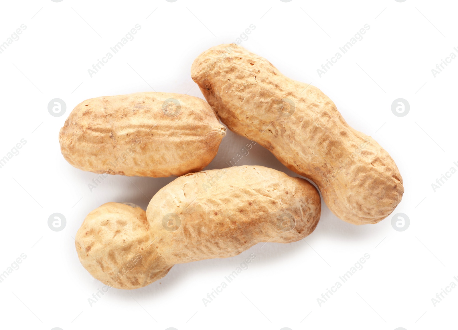 Photo of Raw peanuts in pods on white background, top view