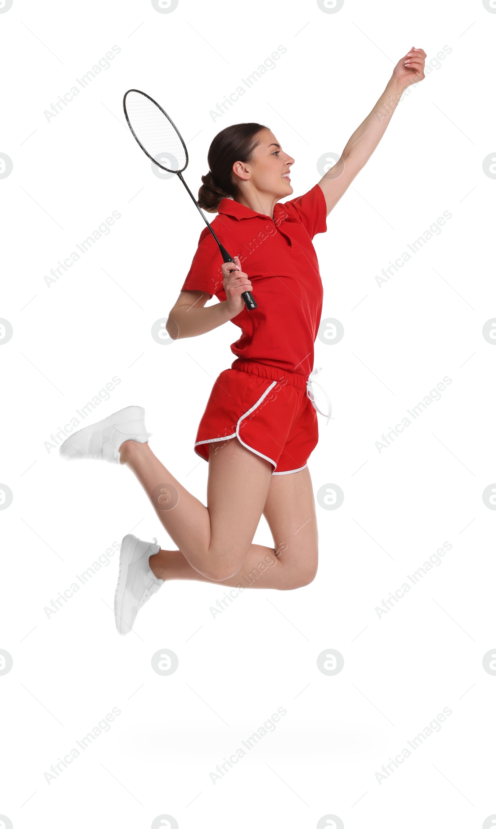 Photo of Young woman playing badminton with racket on white background