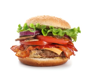 Tasty burger with bacon on white background