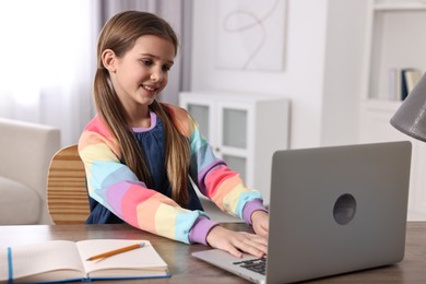 E-learning. Cute girl using laptop during online lesson at table indoors