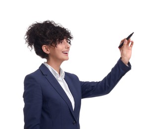 Photo of Beautiful businesswoman in suit with marker on white background