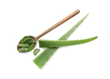 Photo of Wooden spoon with cut aloe vera isolated on white, top view