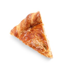 Photo of Piece of tasty homemade pie with filling isolated on white, top view