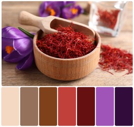 Image of Dried saffron and crocus flowers on wooden table and color palette. Collage