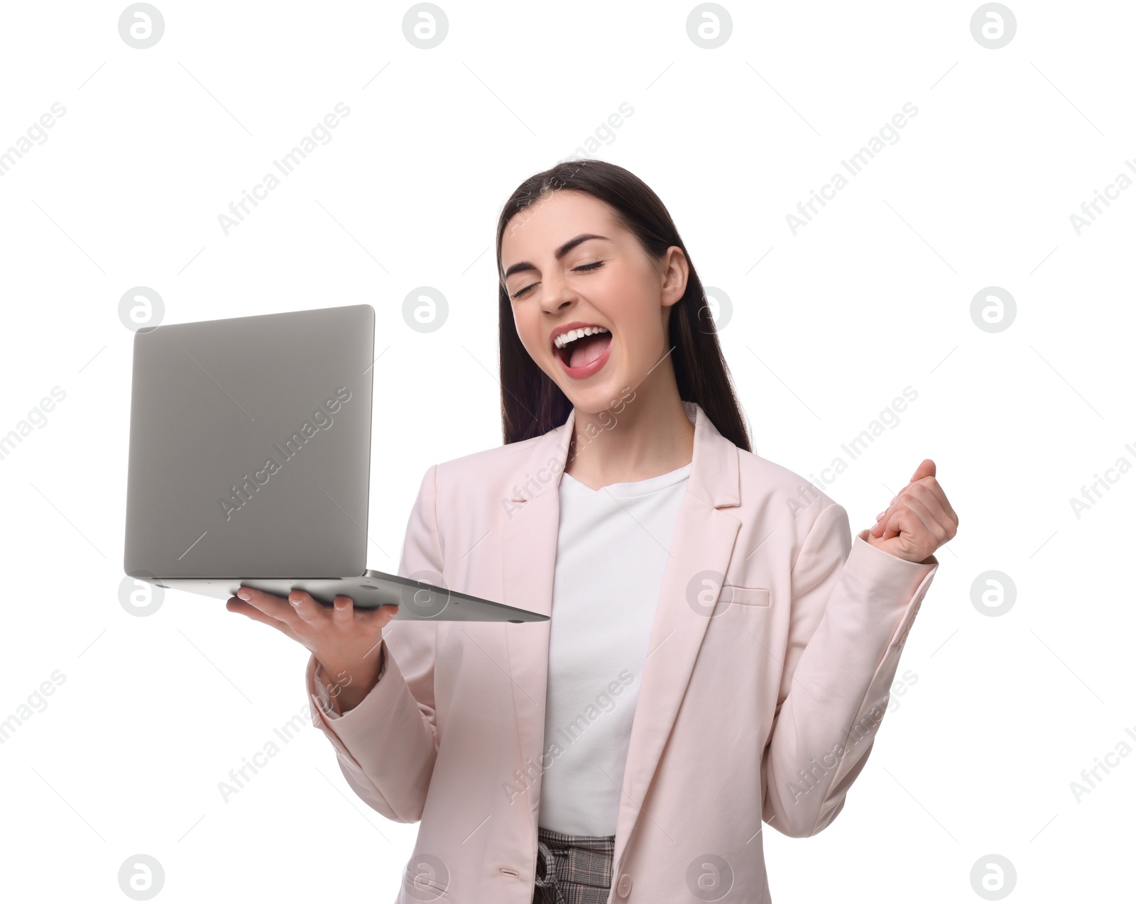 Photo of Beautiful emotional businesswoman with laptop on white background