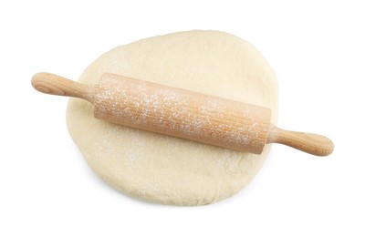 Photo of Raw dough and rolling pin isolated on white, top view