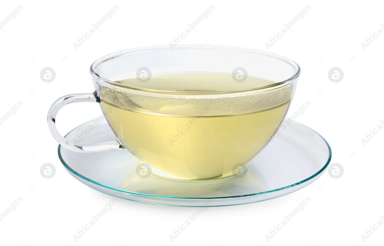 Photo of Refreshing green tea in cup isolated on white