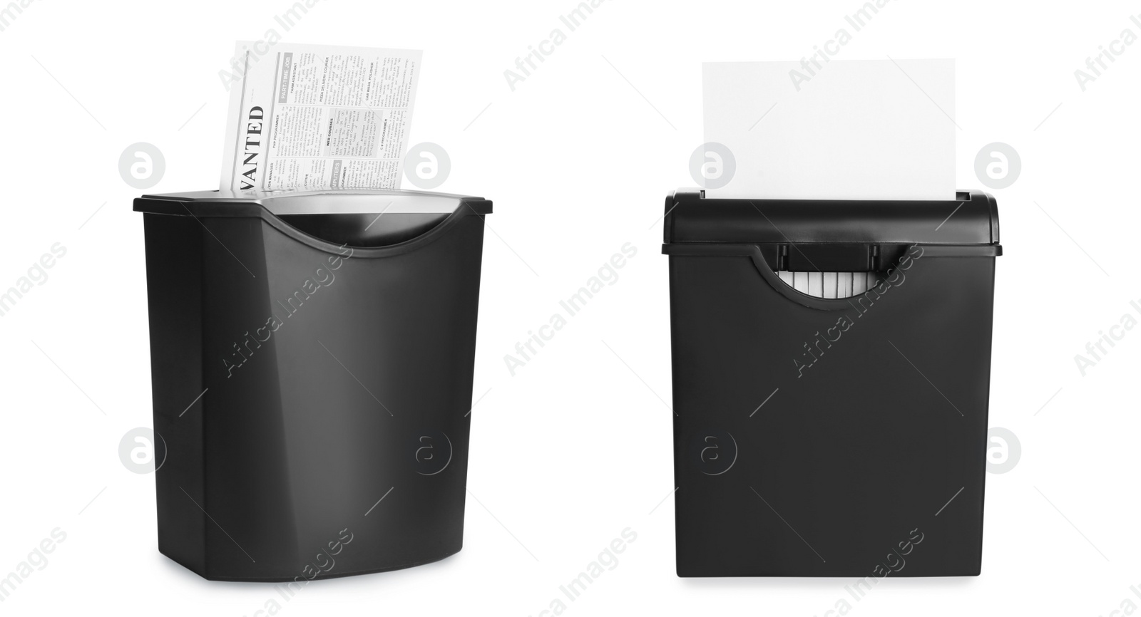 Image of Destroying paper with shredders on white background, collage